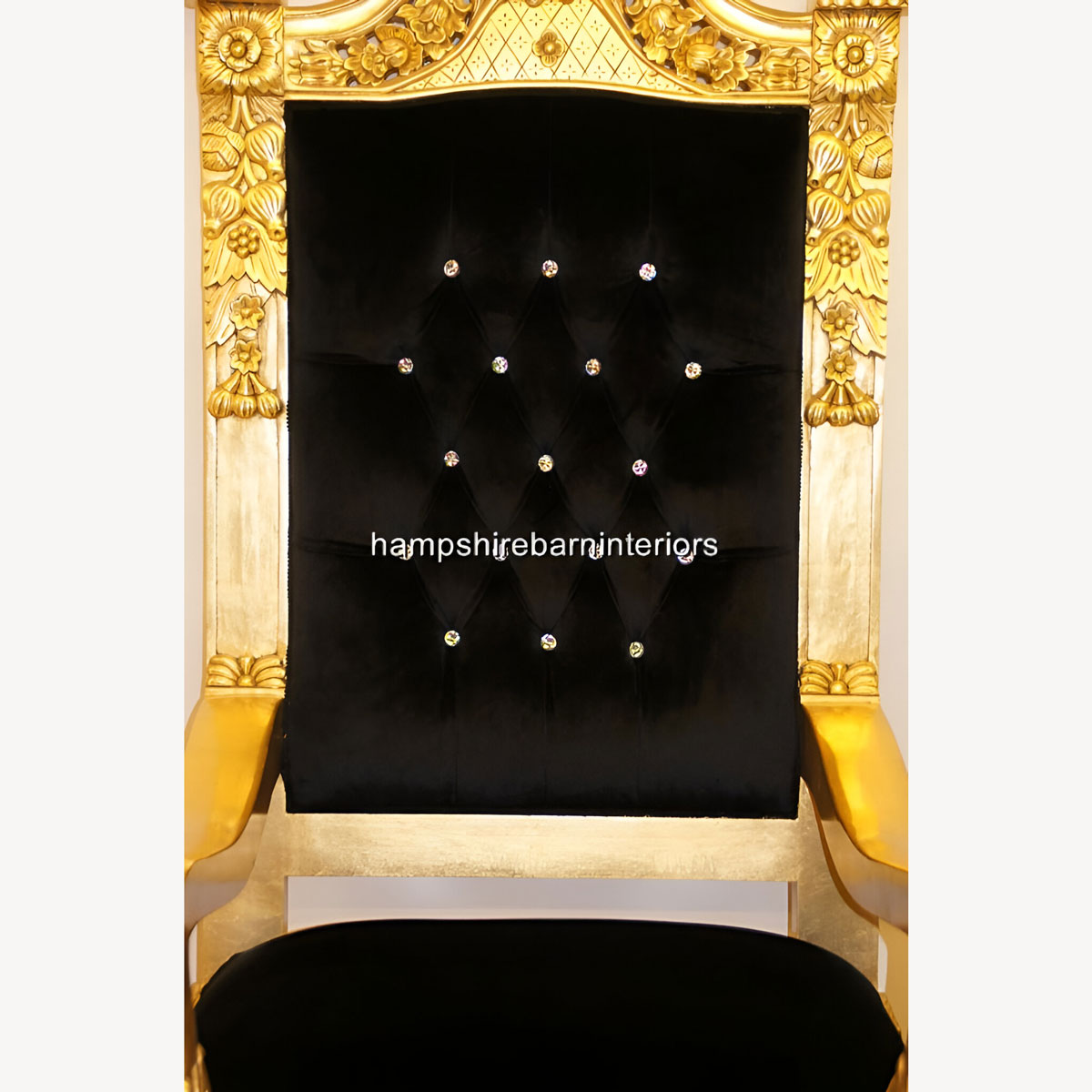 Queens Throne Chair Gold Leaf Black Velvet And Diamond Crystal Buttons 3 - Hampshire Barn Interiors - Queens Throne Chair Gold Leaf, Black Velvet And Diamond Crystal Buttons -