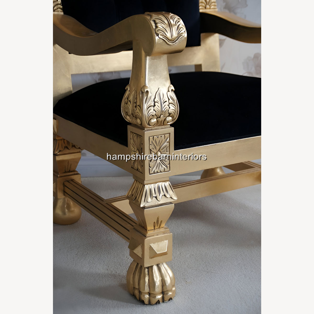Queens Throne Chair Gold Leaf Black Velvet And Diamond Crystal Buttons 4 - Hampshire Barn Interiors - Queens Throne Chair Gold Leaf, Black Velvet And Diamond Crystal Buttons -