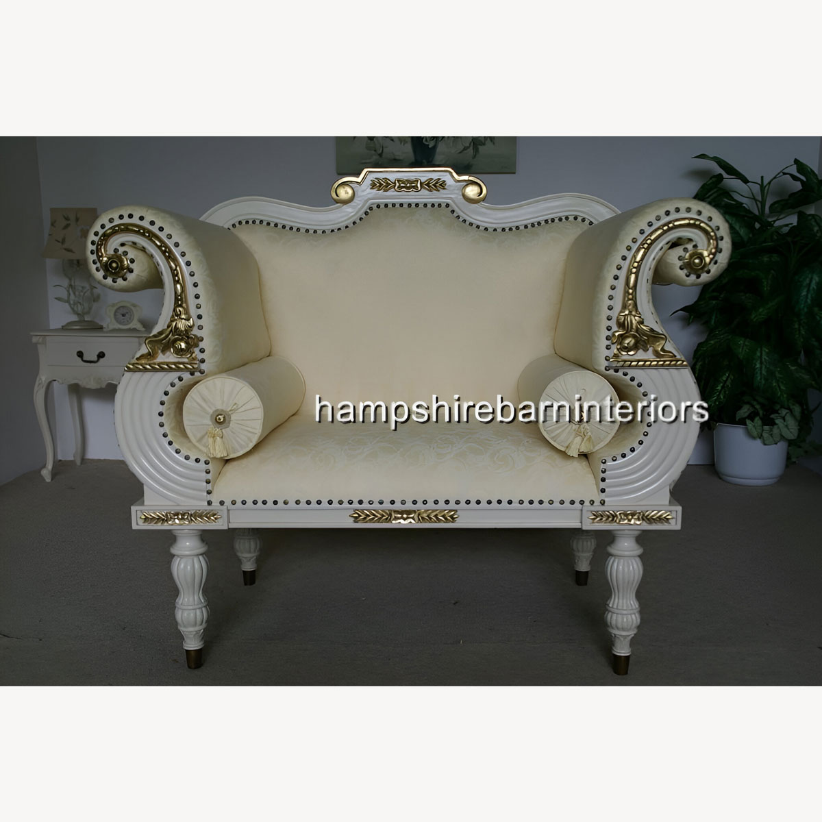 Regency Bergere Suite In Antique White With Cream Fabric 1 - Hampshire Barn Interiors - Regency Bergere Suite In Antique White With Cream Fabric -