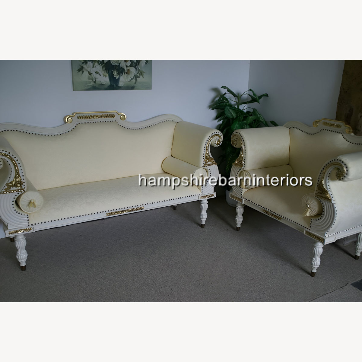 Regency Bergere Suite In Antique White With Cream Fabric 2 - Hampshire Barn Interiors - Regency Bergere Suite In Antique White With Cream Fabric -