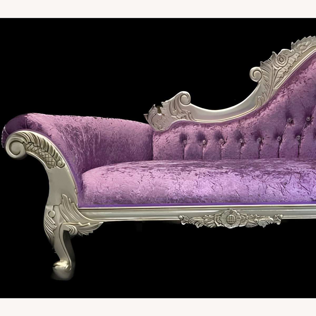 Silver Leaf Medium Hampshire Chaise In Lavender Crushed Velvet With Crystal Buttoning 3 - Hampshire Barn Interiors - Silver Leaf Medium Hampshire Chaise In Lavender Crushed Velvet With Crystal Buttoning -