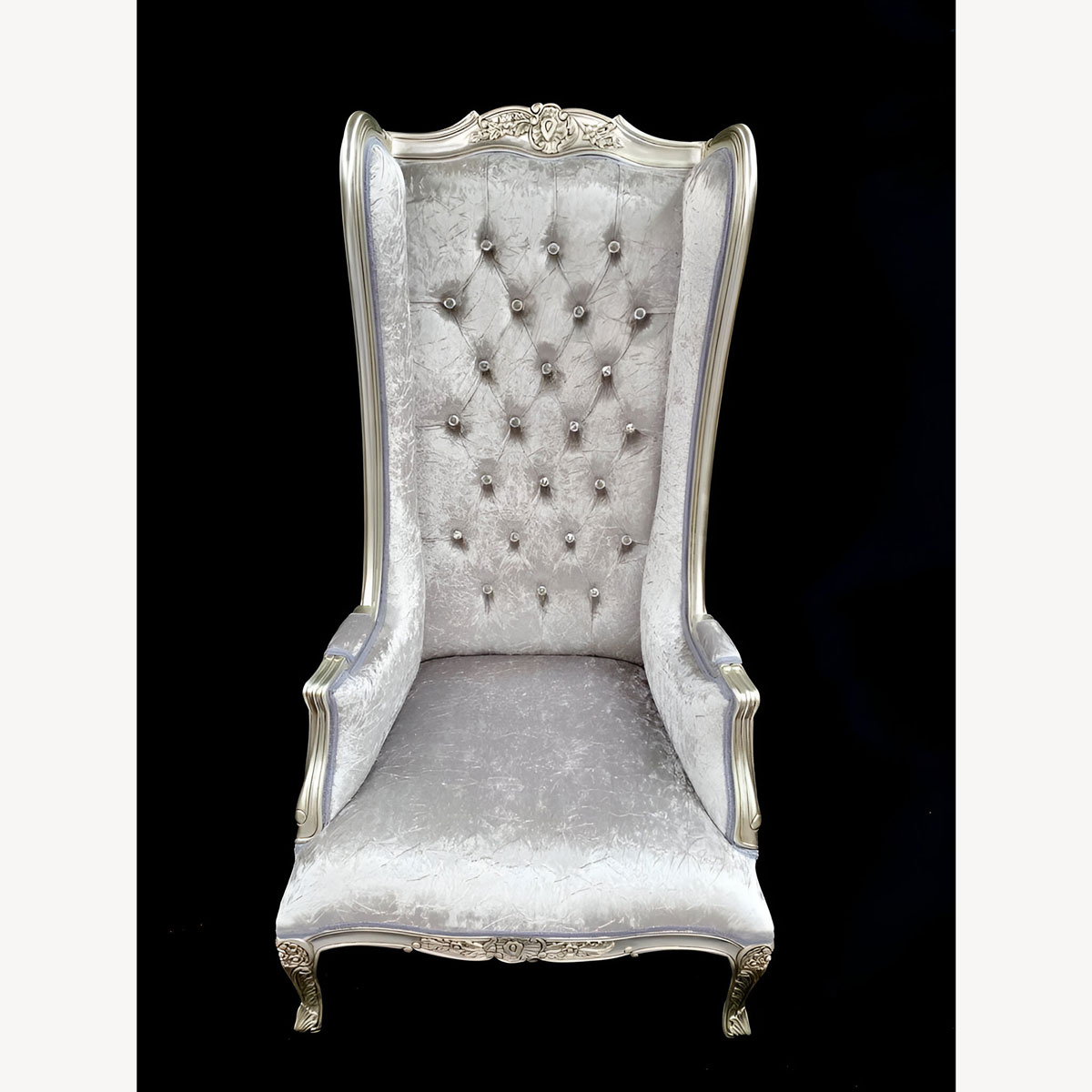 Silver Leaf Ornate Feature High Back Porters Arm Throne Chair In Silver Grey Crushed Velvet Crystal Buttons 1 - Hampshire Barn Interiors - Silver Leaf Ornate Feature High Back Porters Arm Throne Chair In Silver Grey Crushed Velvet Crystal Buttons -