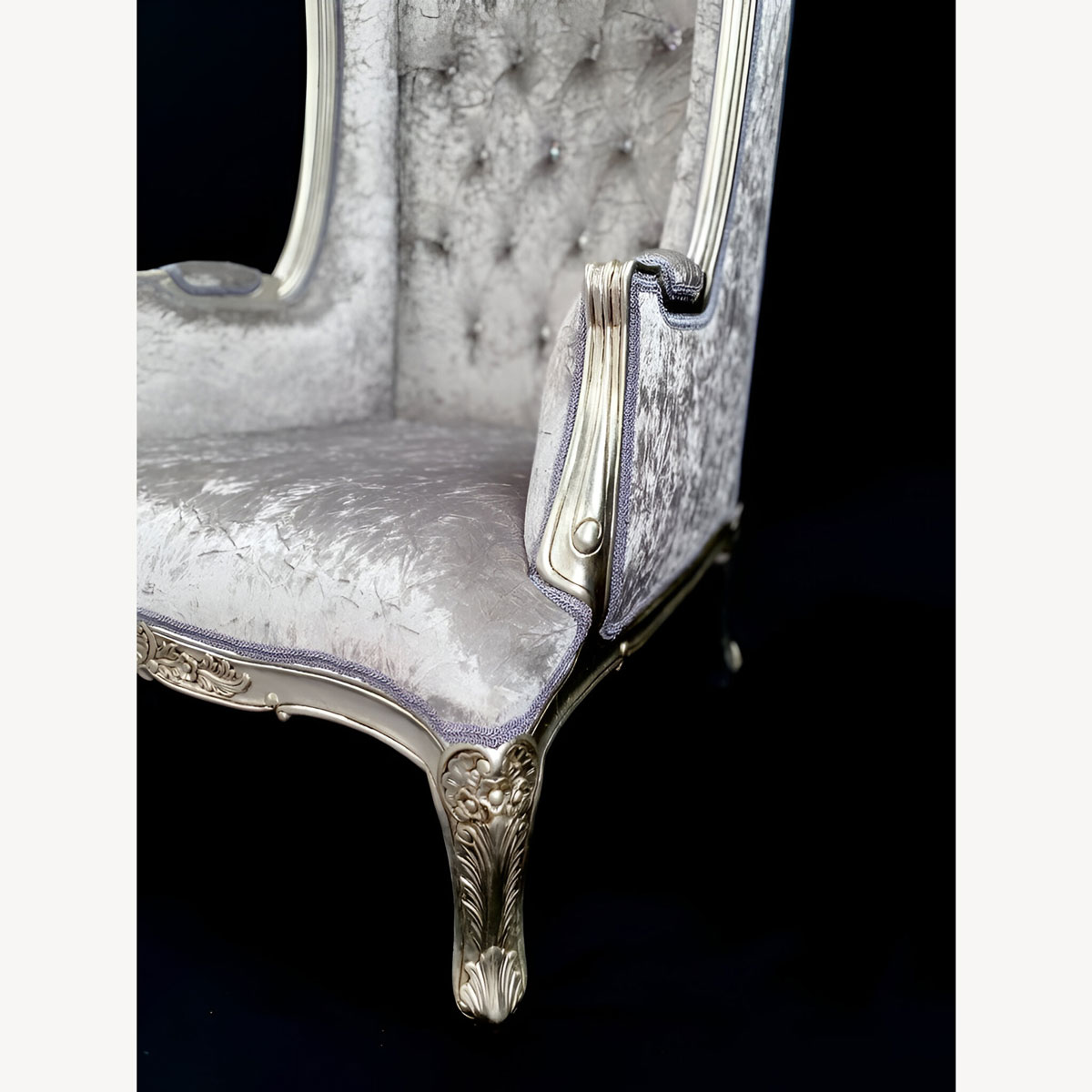 Silver Leaf Ornate Feature High Back Porters Arm Throne Chair In Silver Grey Crushed Velvet Crystal Buttons 3 - Hampshire Barn Interiors - Silver Leaf Ornate Feature High Back Porters Arm Throne Chair In Silver Grey Crushed Velvet Crystal Buttons -