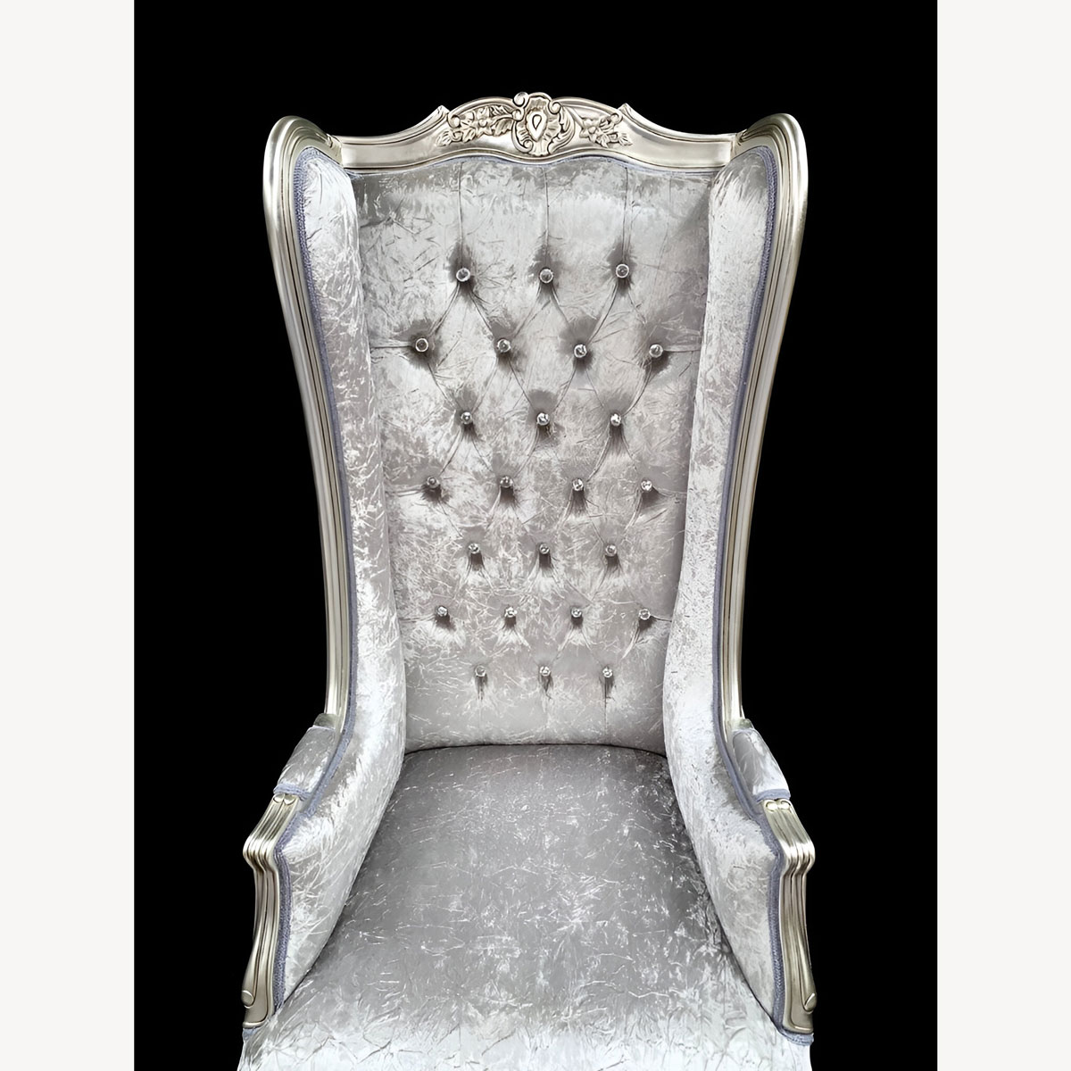 Silver Leaf Ornate Feature High Back Porters Arm Throne Chair In Silver Grey Crushed Velvet Crystal Buttons 4 - Hampshire Barn Interiors - Silver Leaf Ornate Feature High Back Porters Arm Throne Chair In Silver Grey Crushed Velvet Crystal Buttons -