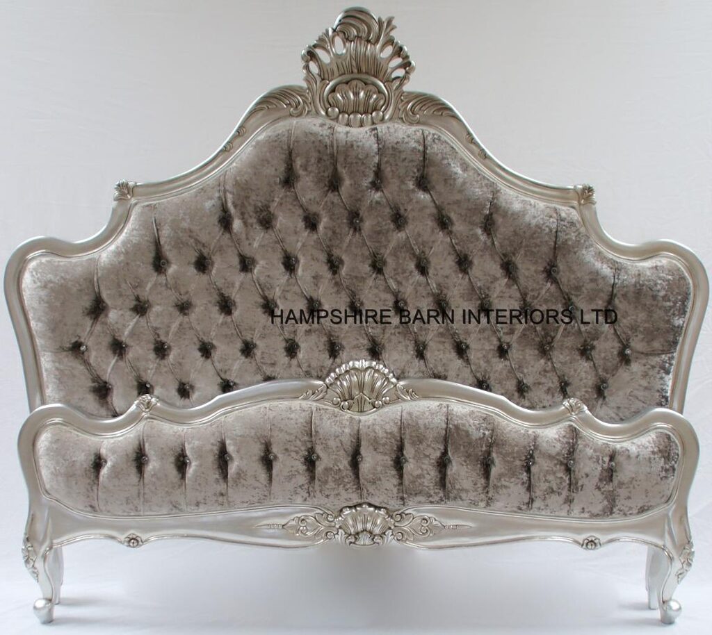 A CANNES ORNATE BED IN SILVER LEAF WITH SILVER MERCURY CRUSHED VELVET AND CRYSTAL BUTTONS - Hampshire Barn Interiors - How To Order -