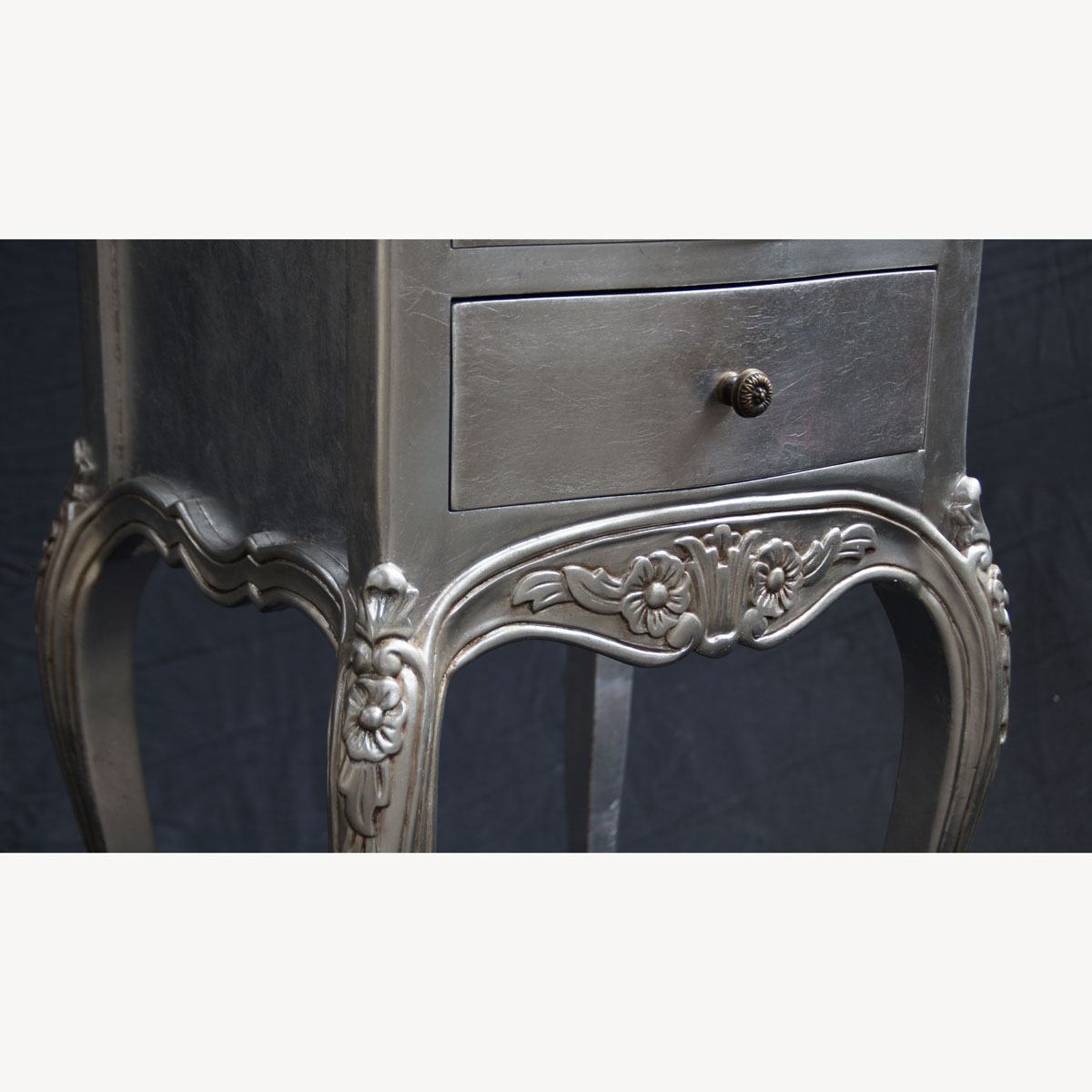 Beautiful Parisian Ornate Two Drawer Lamp Side Table Or Bedside Cabinet Shown In Silver Leaf 5 - Hampshire Barn Interiors - Beautiful Parisian Ornate Two Drawer Lamp Side Table Or Bedside Cabinet Shown In Silver Leaf -