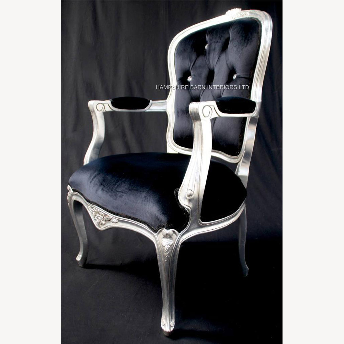 Cheshire Ornate Chair With Arms In Silver Leaf Crystals And Black Velvet 2 - Hampshire Barn Interiors - Home - Hampshire Barn Interiors News
