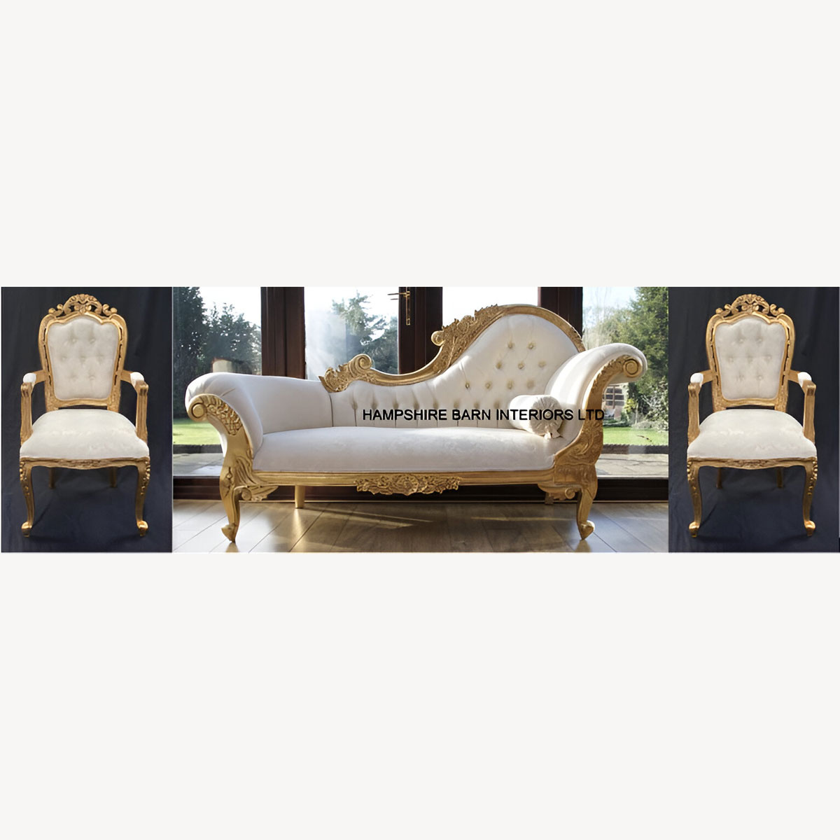 Hampshire Wedding Set Comprising One Chaise Plus Two Franciscan Chairs With Arms Gold Leaf – Ivory Cream Fabric With Crystals - Hampshire Barn Interiors - Hampshire Wedding Set Comprising One Chaise Plus Two Franciscan Chairs With Arms Gold Leaf – Ivory Cream Fabric With Crystals -