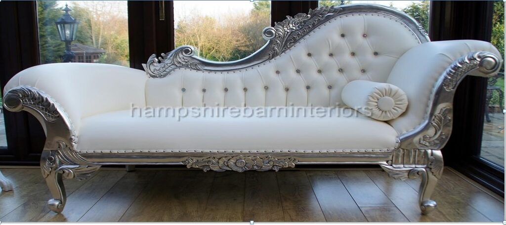 RIGHT HAND LARGE SILVER AND WHITE FAUX LEATHER CHAISE LONGUE - Hampshire Barn Interiors - How To Order -